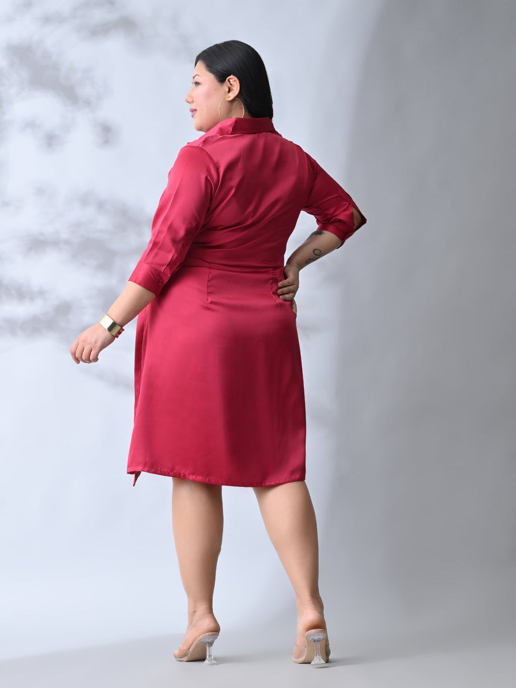 Stylish Berry Satin Belted Flare Dress