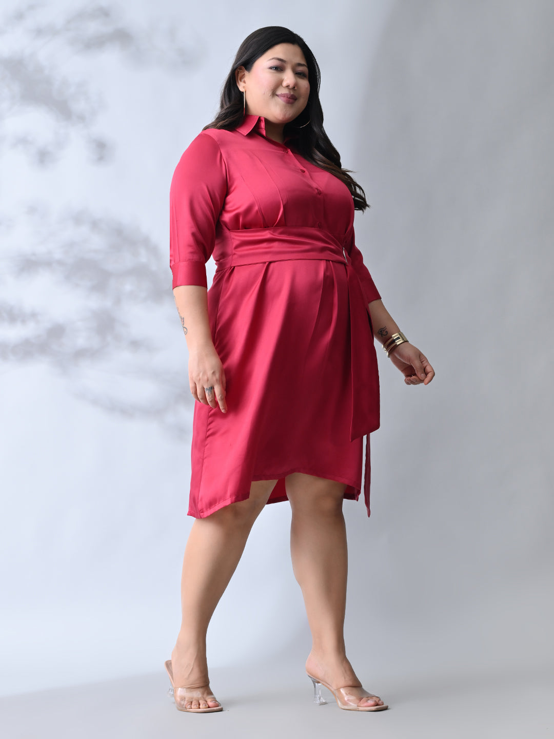 Stylish Berry Satin Belted Flare Dress