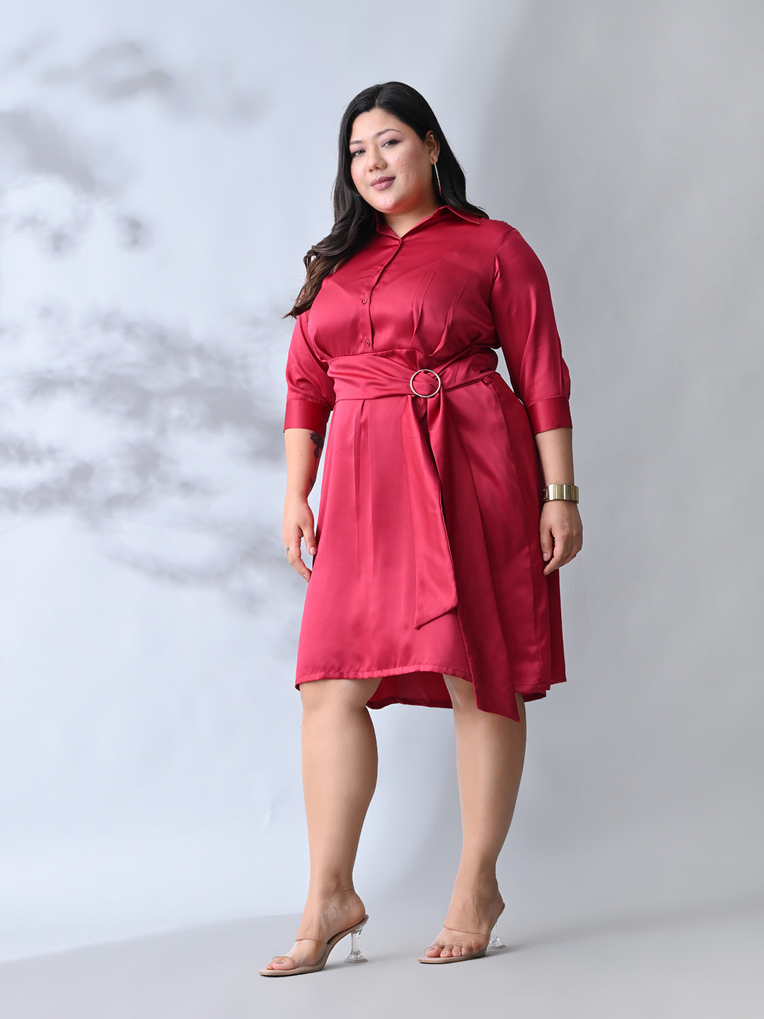 Stylish Berry Satin Belted Flare Dress