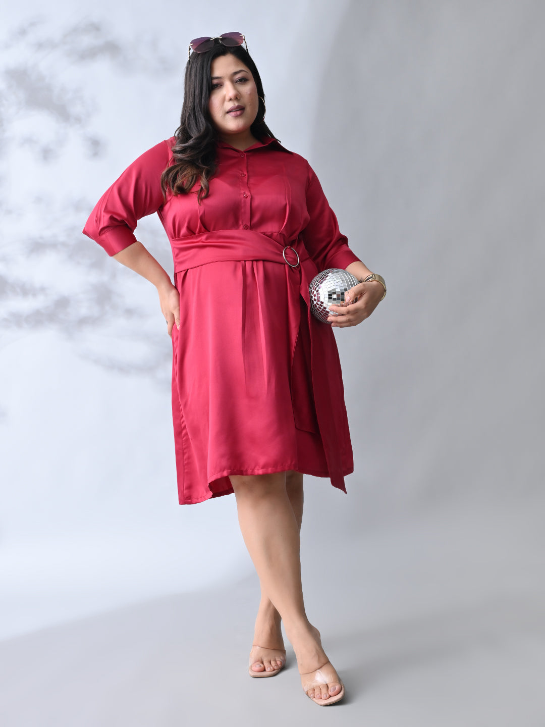 Stylish Berry Satin Belted Flare Dress
