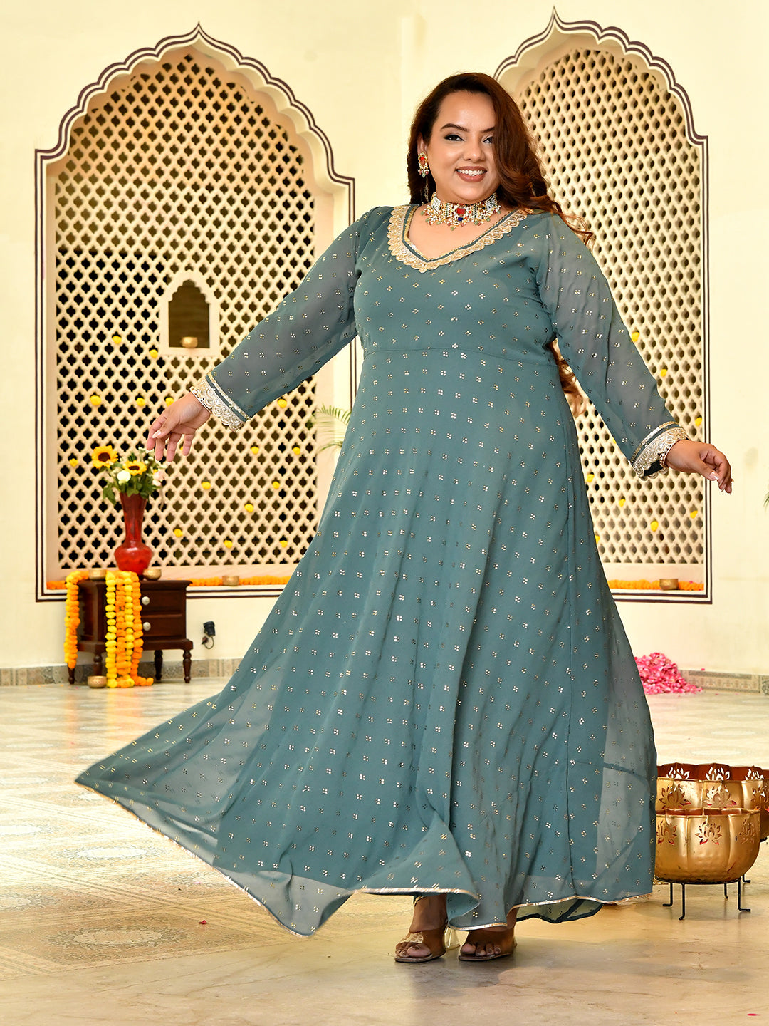 Classic Sage Green Mukaish Georgette Anarkali with Dupatta