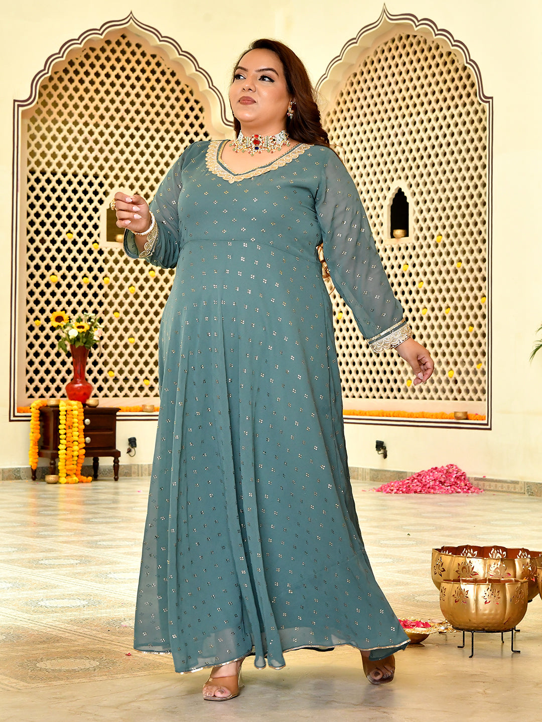 Classic Sage Green Mukaish Georgette Anarkali with Dupatta