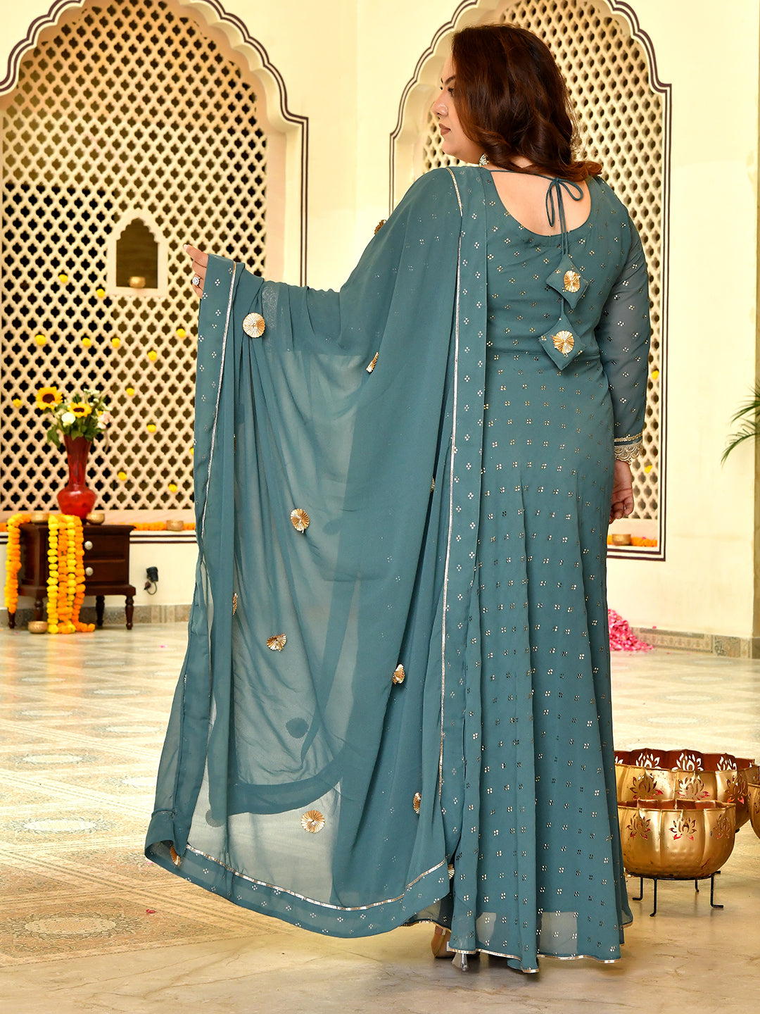 Classic Sage Green Mukaish Georgette Anarkali with Dupatta