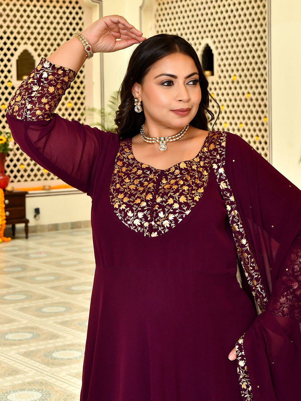 Classic Wine & Gold Georgette Anarkali with Dupatta