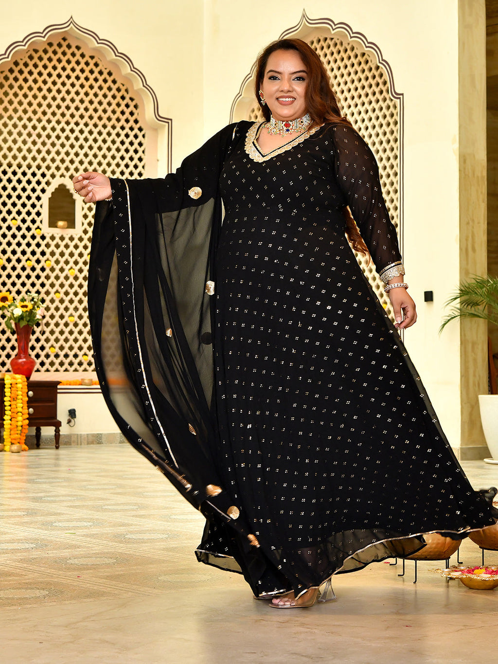 Royal Black Mukaish Georgette Anarkali with Dupatta