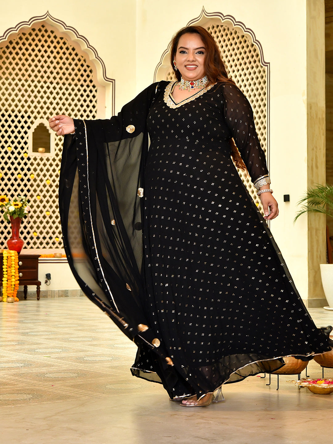 Royal Black Mukaish Georgette Anarkali with Dupatta