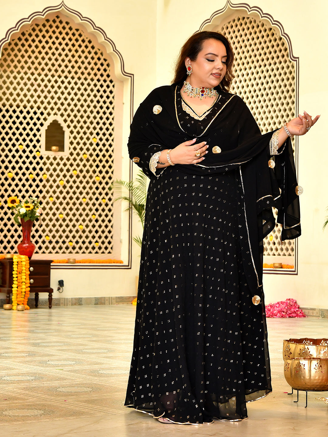 Royal Black Mukaish Georgette Anarkali with Dupatta