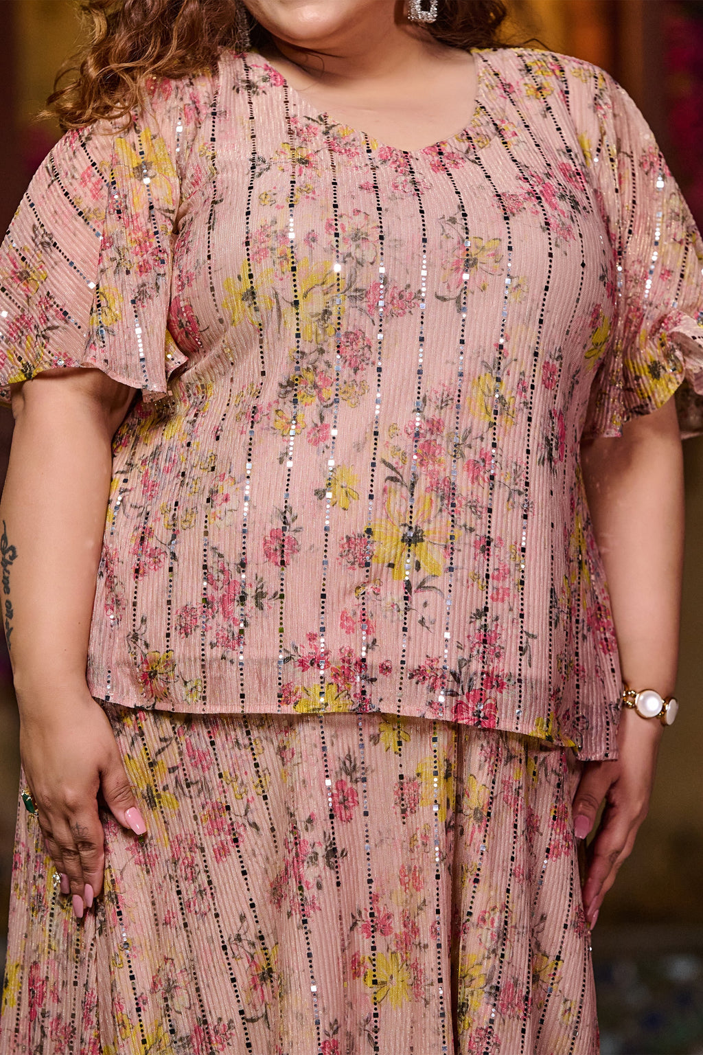 Plus Size Blush Pink Floral Sequin Top and Skirt Co-ord Set