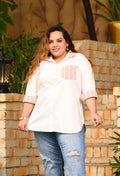 Plus Size Blush Striped Pocket Poplin White Shirt | Desinoor