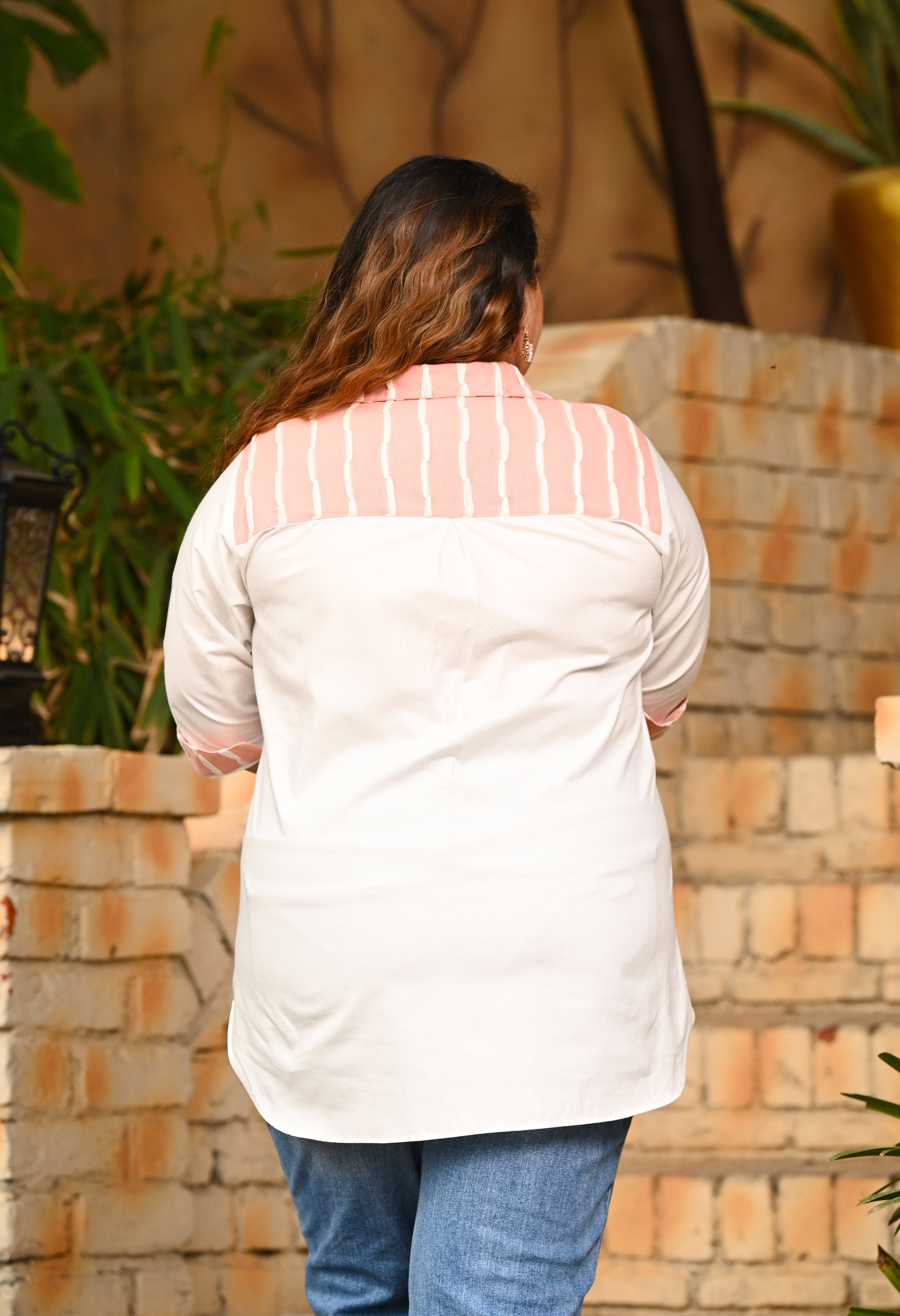 Plus Size Blush Striped Pocket Poplin White Shirt | Desinoor