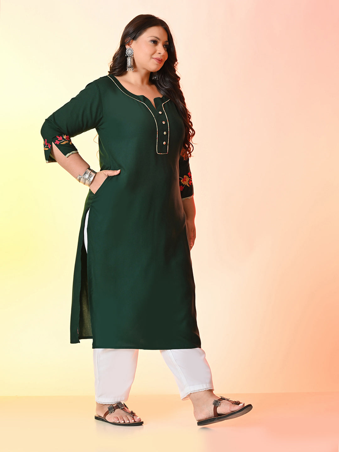 Plus Size Bottle Green Aari Embroidered Rayon Kurta