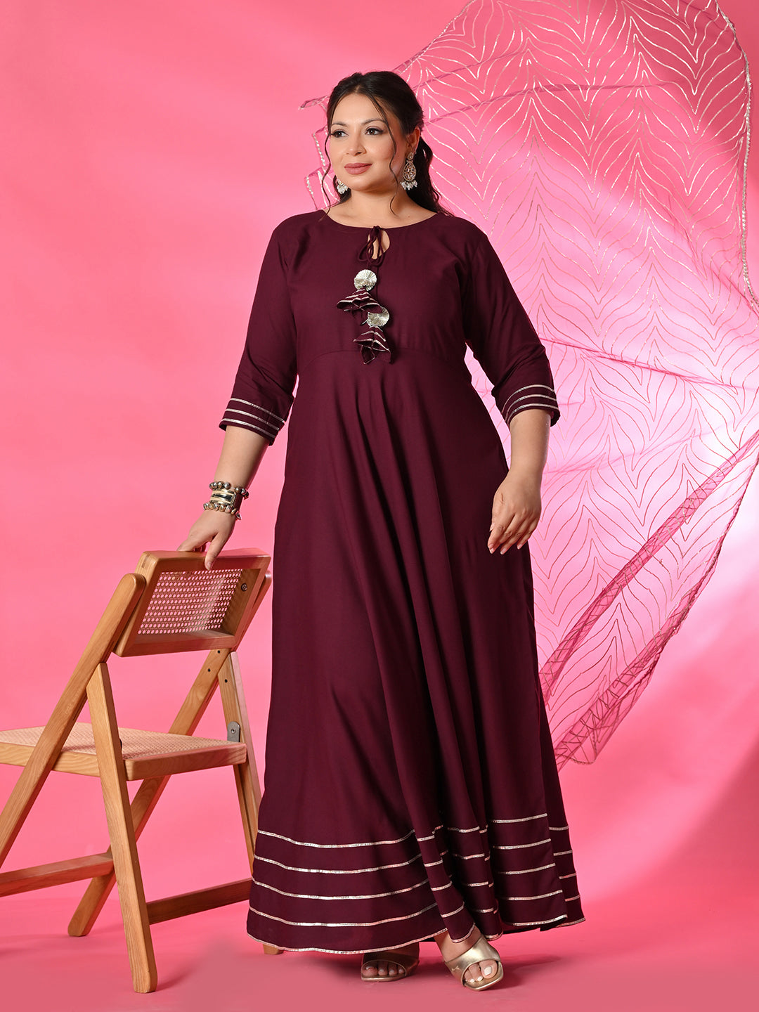 Plus Size Wine Gota Rayon Anarkali with Dupatta