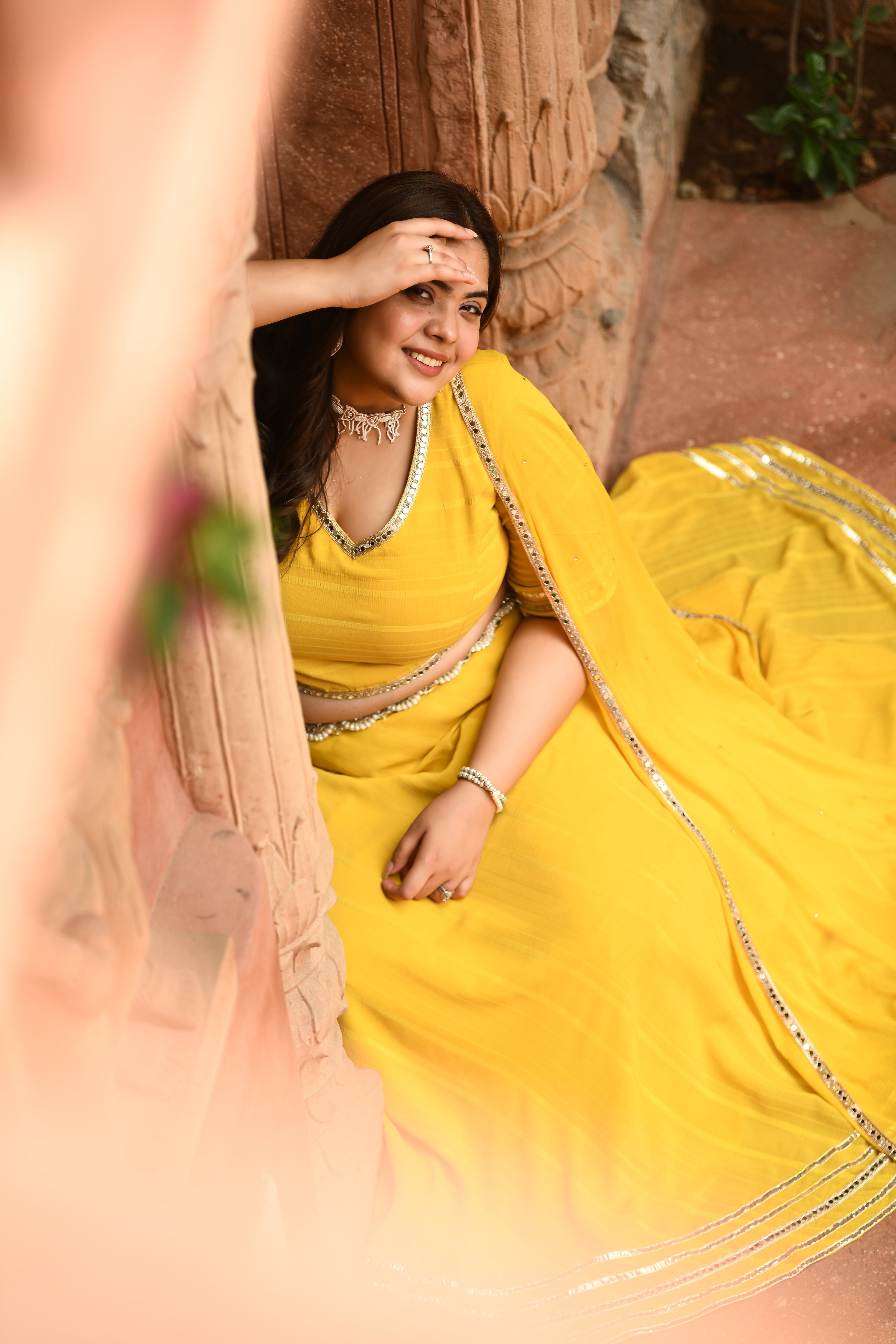 Plus Size Bright Yellow Mirror Lehenga Choli with Dupatta