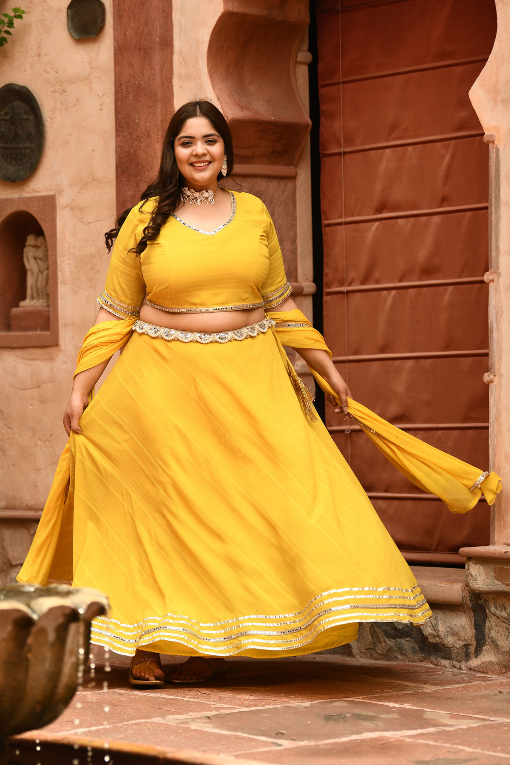 Plus Size Bright Yellow Mirror Lehenga Choli with Dupatta