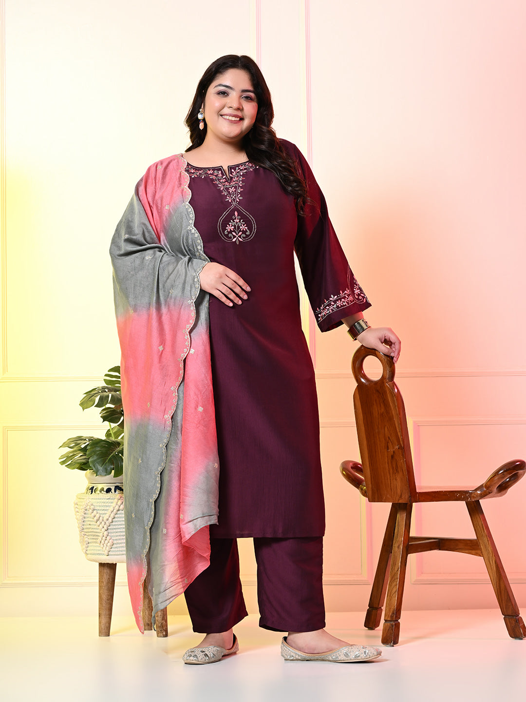 Plus Size Wine Embroidered Kurta Set with Double Dyed Dupatta