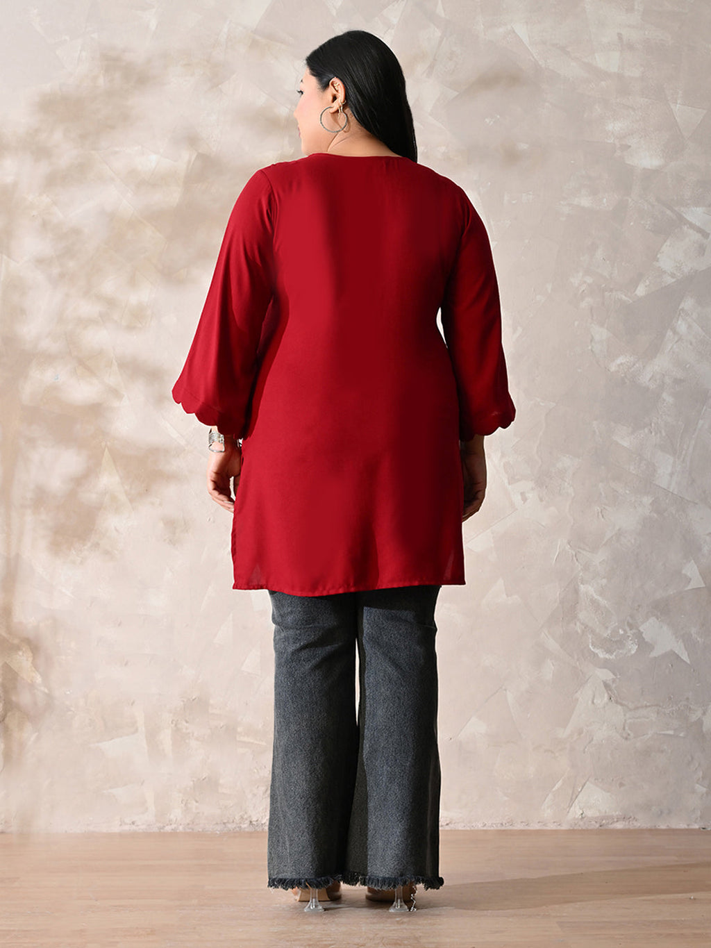Crimson Maroon Relaxed Fit Scalloped Rayon Kurta