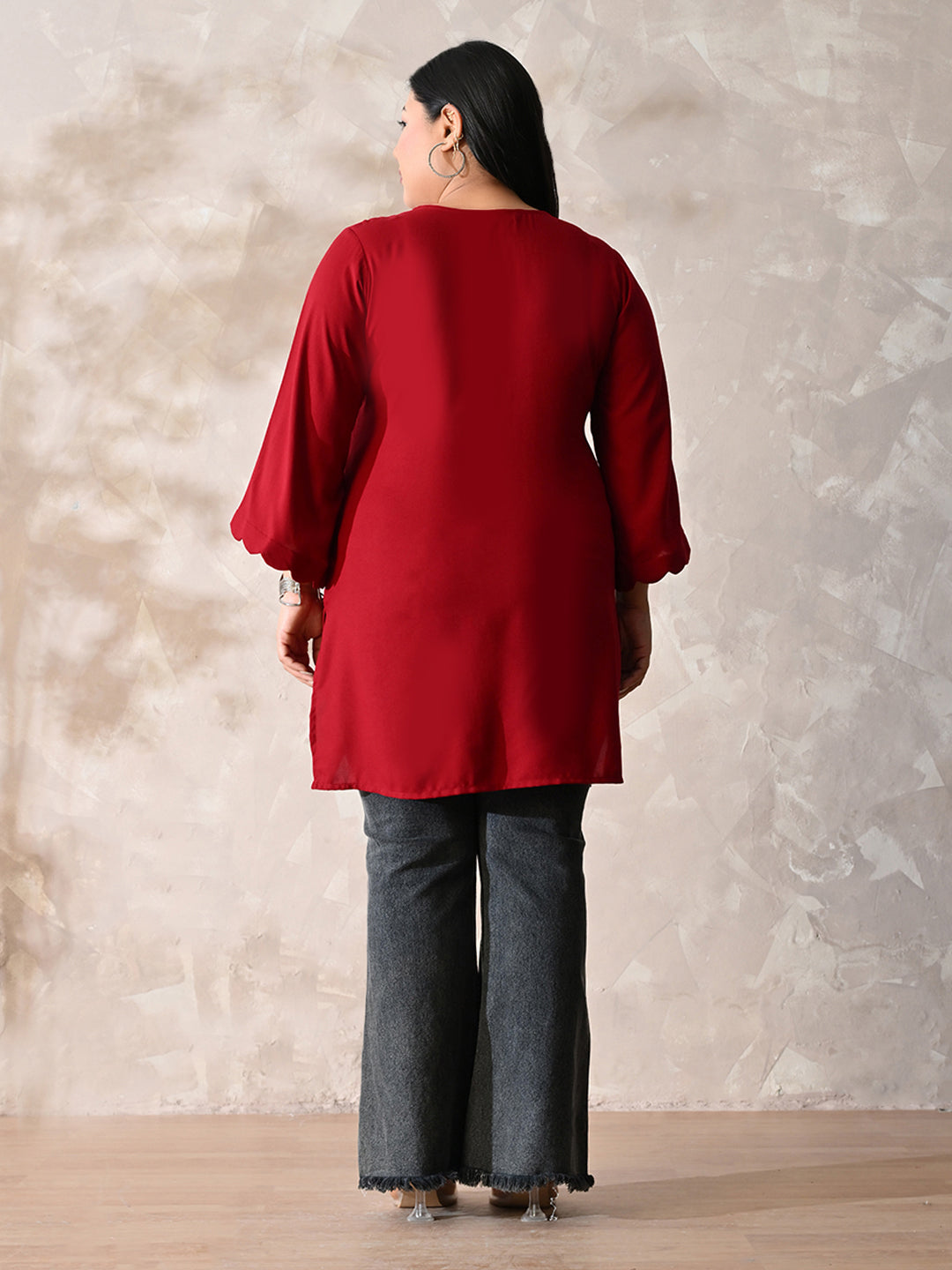 Crimson Maroon Relaxed Fit Scalloped Rayon Kurta