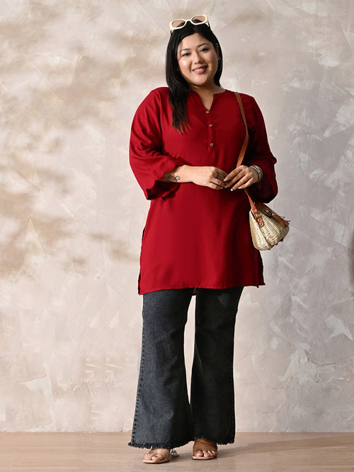 Crimson Maroon Relaxed Fit Scalloped Rayon Kurta