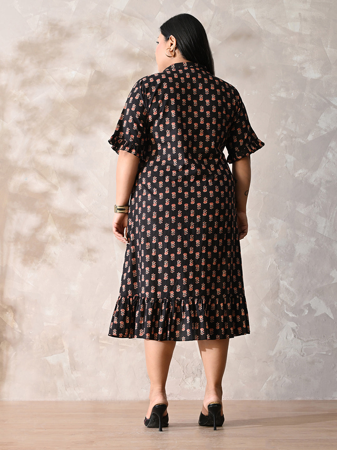 Midnight Petal Royale Cotton Dress with Soft Flare Silhouette