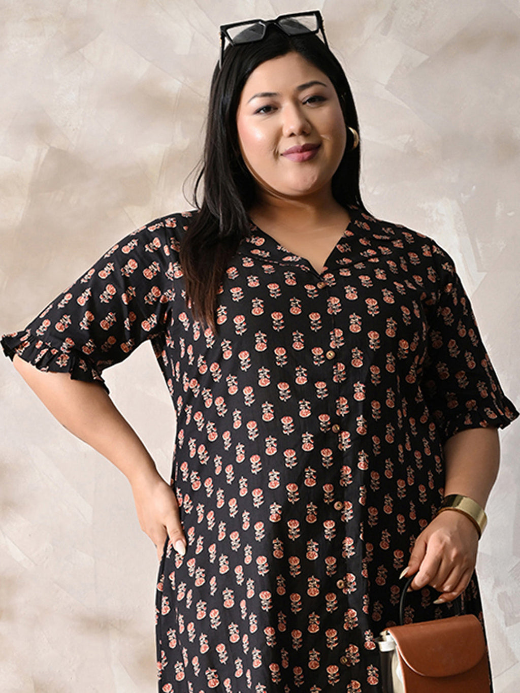 Midnight Petal Royale Cotton Dress with Soft Flare Silhouette