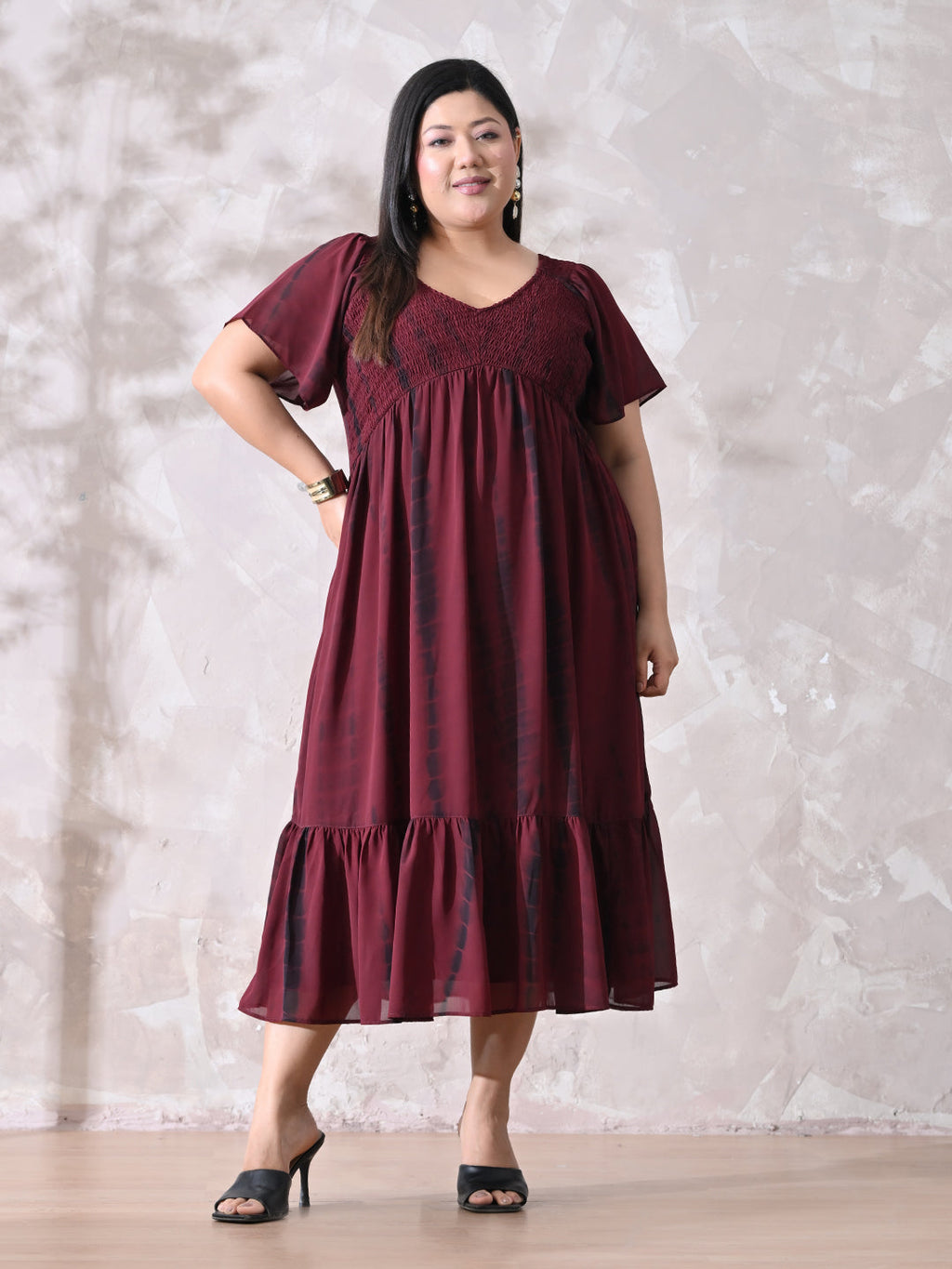Deep Maroon Tie-Dye Smocked Georgette Midi Dress with Flowy Silhouette