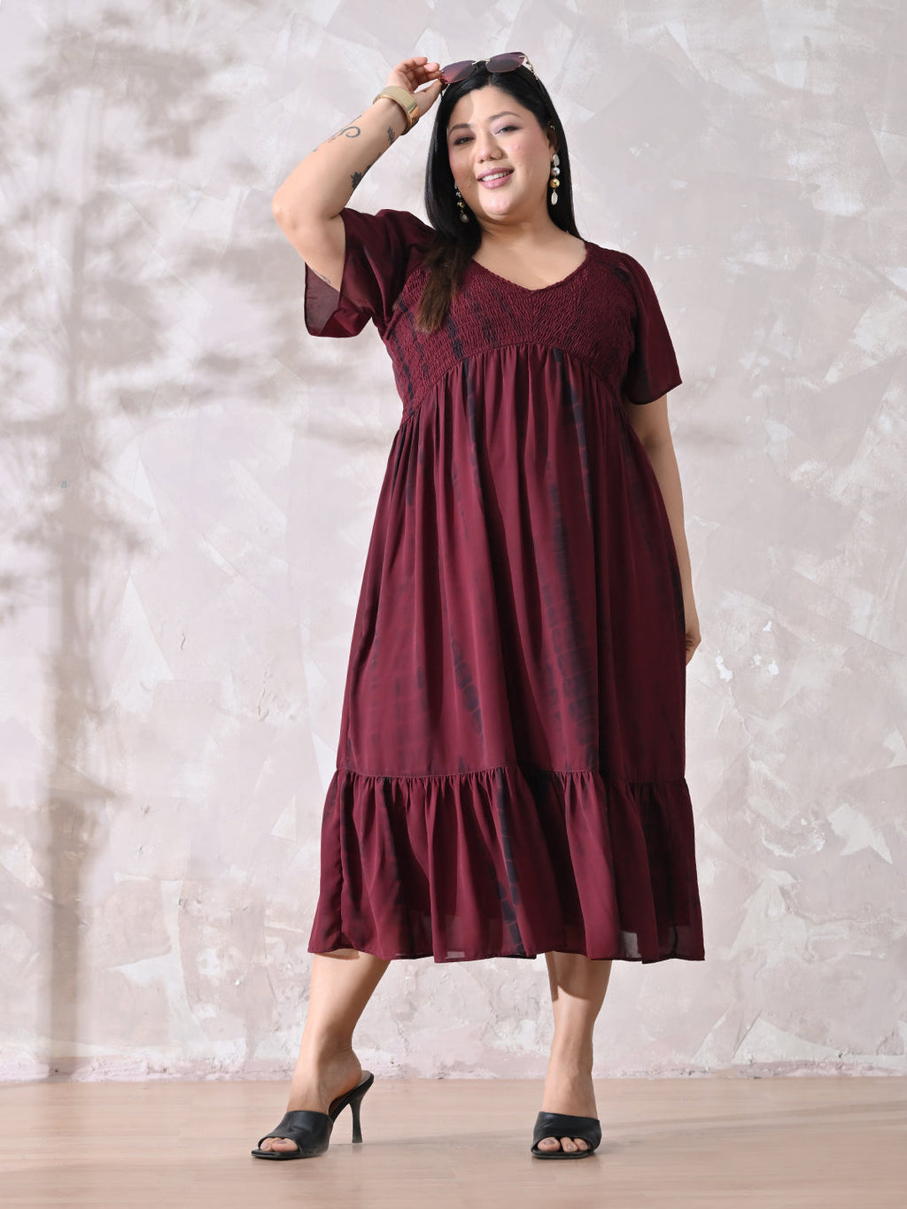 Deep Maroon Tie-Dye Smocked Georgette Midi Dress with Flowy Silhouette
