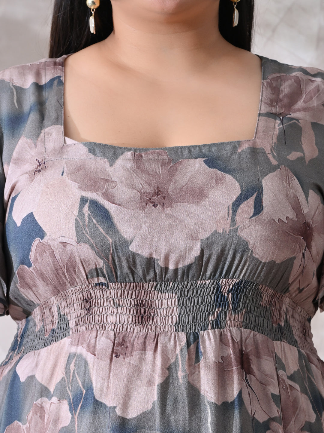 Petal Muse Premium Rayon Dress with Smocked Waist & Slit Detail